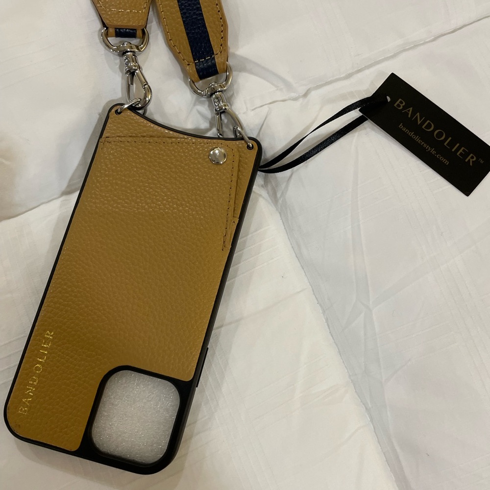 Bandolier Mustard Leather Crossbody Phone Case with Navy Strap